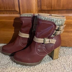 Burgundy and tan Muk Luk Bootie Heels